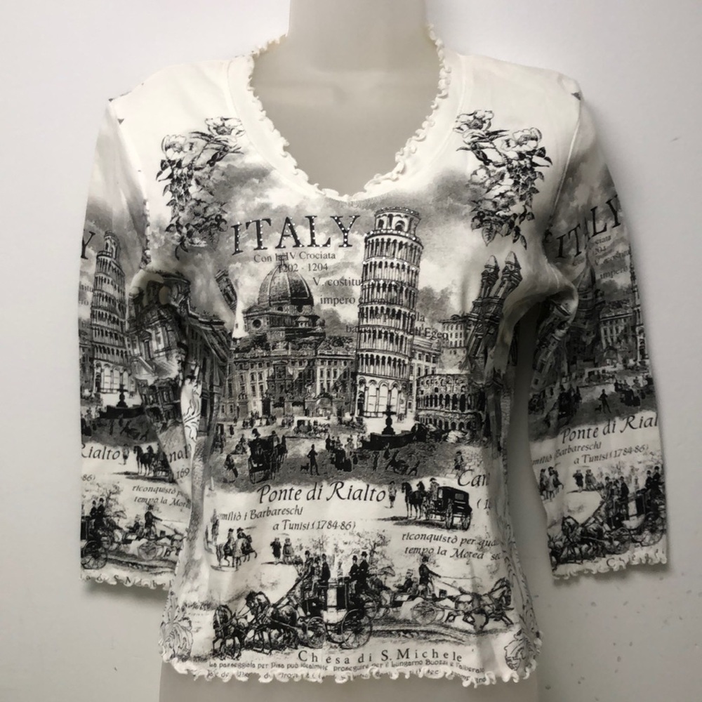 J. Marco Italian Themed Black&White V-Neck Top Size S 100% Cotton Made in USA